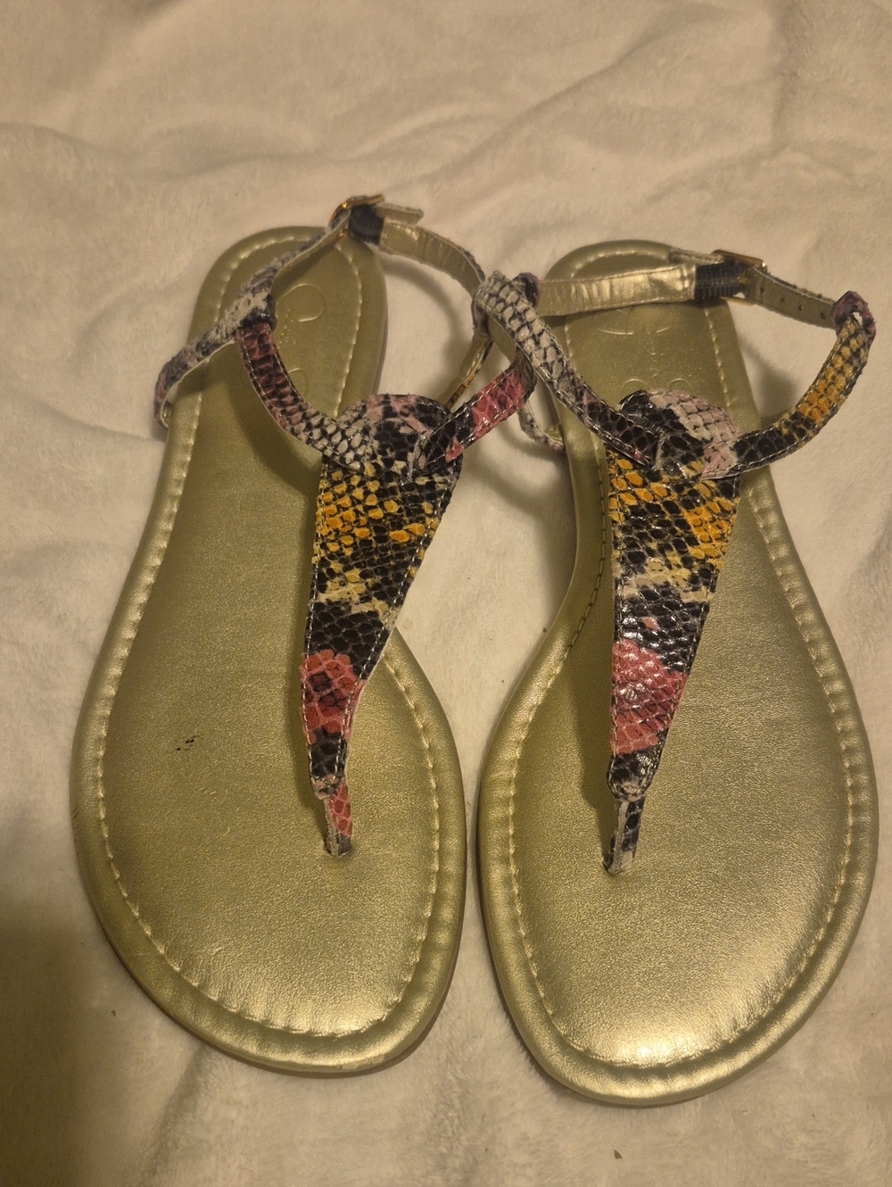 Jessica Simpson Gold Footbed Sandals with Multicolor Snake-Print Straps